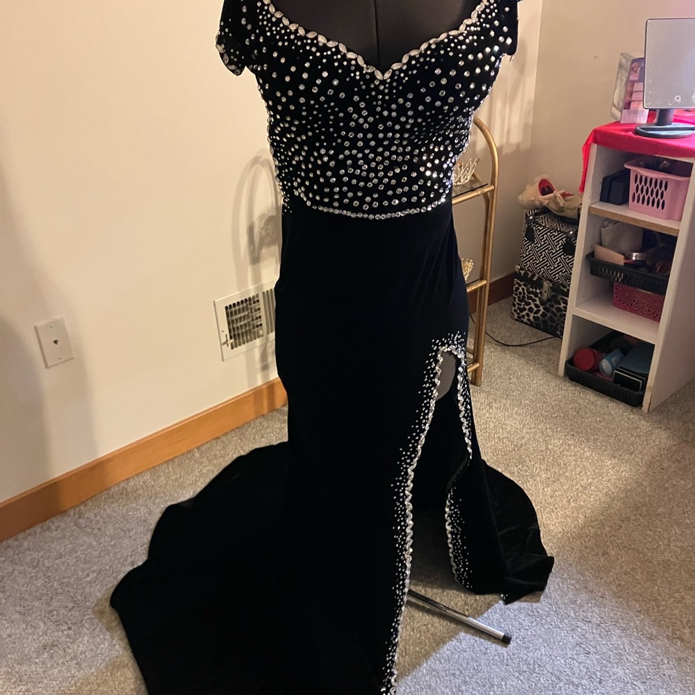 Black rhinestone full length stretch velvet pageant winning gown!